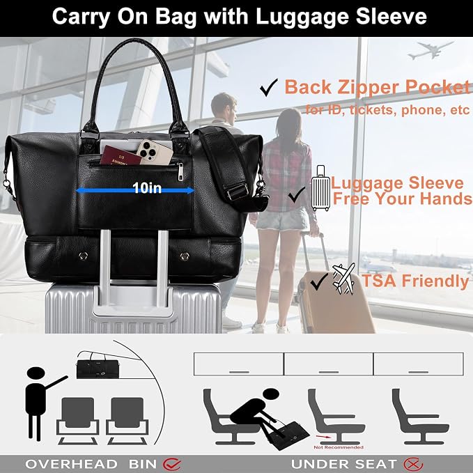 weiatas Faux Leather Travel Duffel Bag for Women Men, Large Weekender Overnight Bag with Shoes Compartment, Waterproof Carry On Bag Travel Tote Bag Gym Bag with Luggage Strap (Black) - Image 4