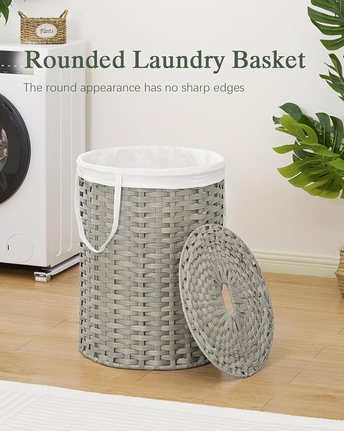SETVSON Laundry Basket with Lid Round 29.1 Gal (110 L) PE Rattan, Gray | Decorative PE Rattan Furniture Look for Bedroom, Round Laundry Hamper with Lid, Removable Bag, 2 Mesh Bags, Handles - Image 2