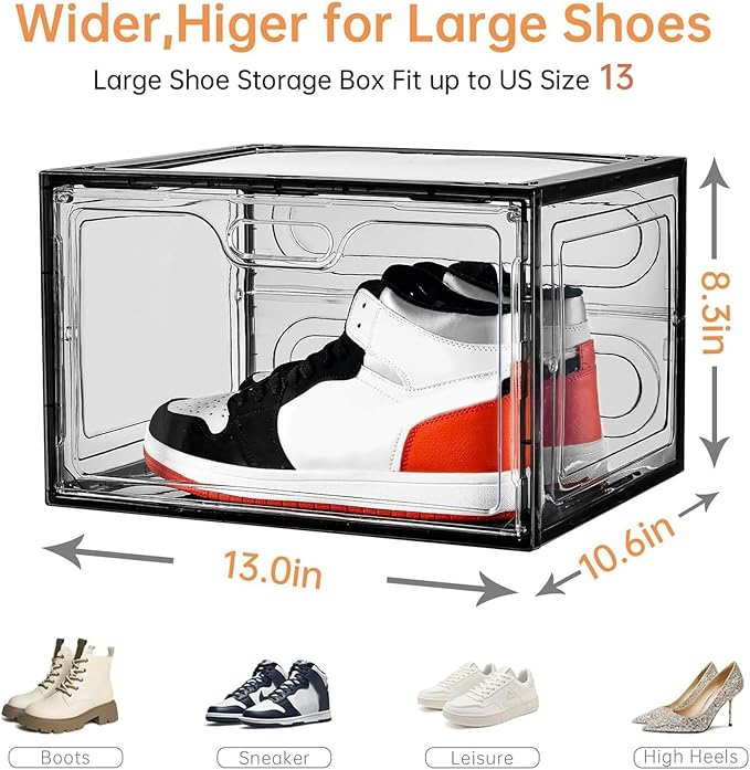 8 Pack Drop Side Shoe Boxes, Large Stackable Shoe Storage, Thick Plastic | Sneaker Storage with Magnetic Door, Shoe Organizer for Closet, Sturdy Shoe Containers, Sneaker display Case Fit up to Size 13 - Image 6