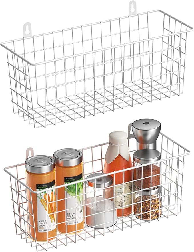 MaraFansie [Extra Large Wire Basket 2-Pack Hanging Wall Organizer Cabinet Storage Basket Wall Mounted Shelves Rustic Farmhouse Decor for Home Kitchen Bathroom, White by MakeStorageMoreFun