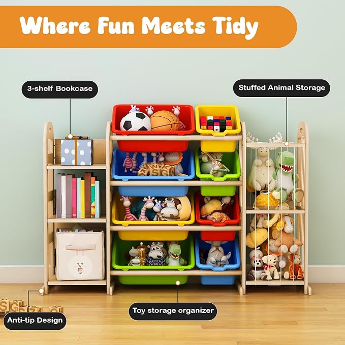 Toy Storage Organizer, Toy Organizers and Storage with Stuffed Animal Storage, Kids Toy Storage Shelf with 3 Shelves 8 Storage Bins, Kids Bookshelf, Toy Holder for Playrooms, Bedrooms, Multi Color - Image 7