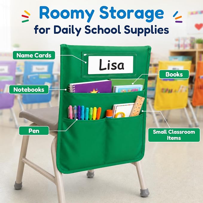 LACCHOUFEE Chair Pockets for Classrooms, 16" X 19" Seat Pockets for Classroom Chairs K-2, 12 Pack Chair Bags Organizer with Name Tag for Student Classroom Chair Back Storage in School, Multicolor - Image 4
