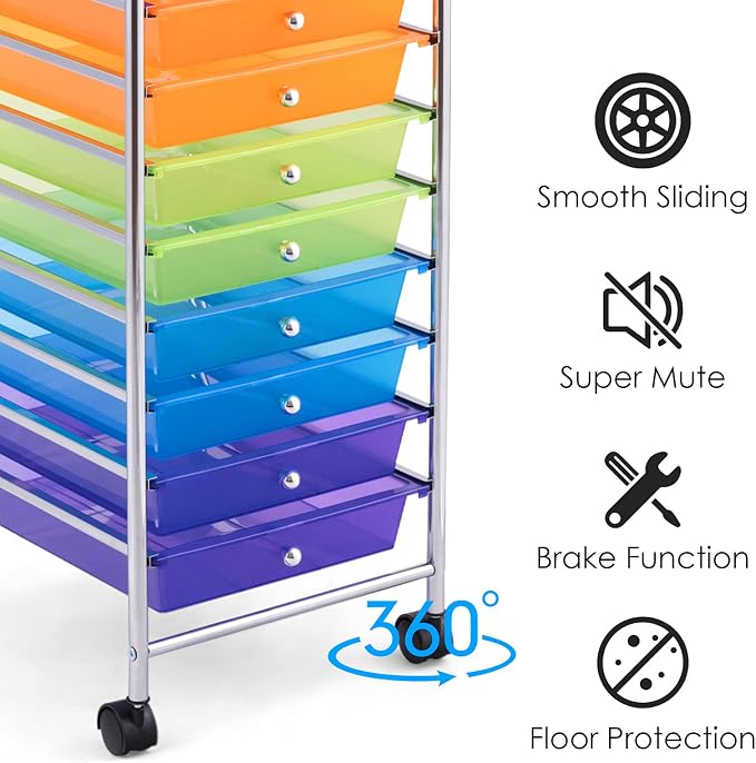 GOFLAME 10-Drawer Rolling Storage Drawer Cart, Utility Cart with Removable Drawers & Metal Frame, Mobile Art Craft Drawer Cart with Lockable Wheels for Home, Office, Studio, School, Rainbow - Image 6