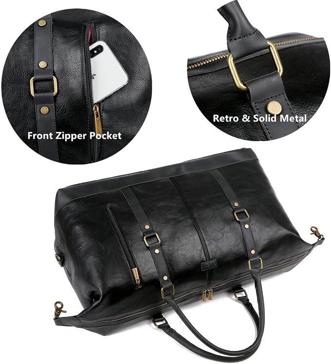 BAOSHA Faux Leather Travel Duffel Tote Bag Overnight Weekender Bag for Men and Women HB-14 (Black) - Image 3