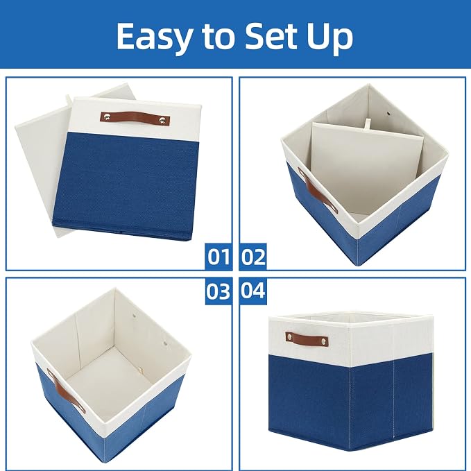 Temary Collapsible Storage Boxes - 12x12 Blue Cube Storage Bins with Handles for Organizing Home, White&Blue - Image 7