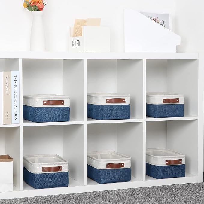 DULLEMELO Set of 6 Small Baskets for Organizing, Small Fabric Storage Bins for Toys Storage, Collapsible Storage Bins with Leather Handles for Shelves, Closets, Laundry, Nursery(White&Blue) - Image 6