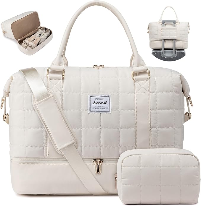 LOVEVOOK Travel Duffel Bag - Versatile Weekender Bag for Women, Puffer Carry On & Overnight Bag for Short Trips, Beige by LOVEVOOK