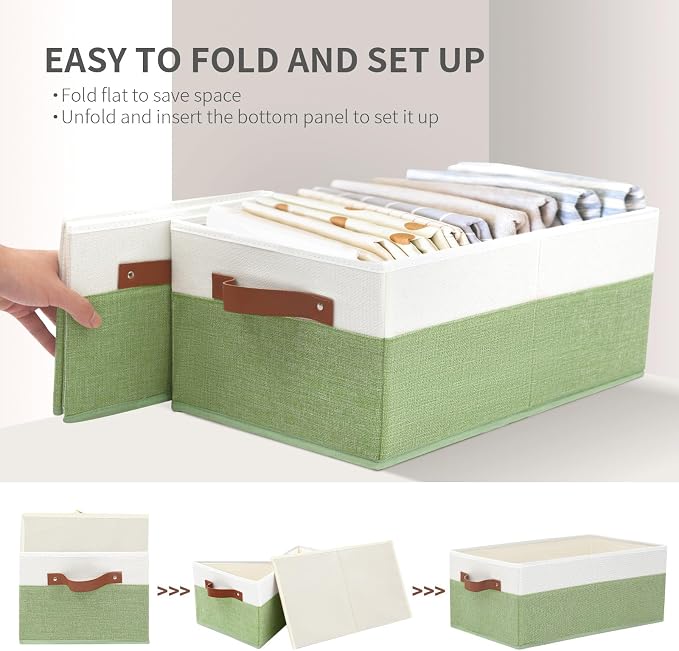 3 Pack Large Capacity Storage Bins Closet Organizer for Shelves | Fabric Closet Storage Baskets Boxes with Leather Handles for Organizing Clothes, Sheets, Jeans, Toys, Books (Green) - Image 7