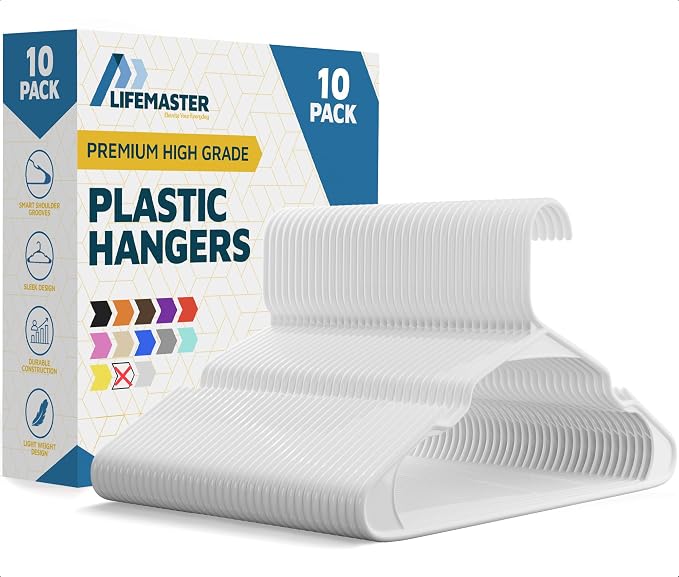 Lifemaster Plastic Clothes Hangers – Heavy Duty Hanger Set, for Organizing Clothes, Dresses, and Coat, Holds Up to 5 lbs, Space-Saving Hangers with Non-Slip Shoulder Grooves, Pack of 10, White by LIFEMASTER