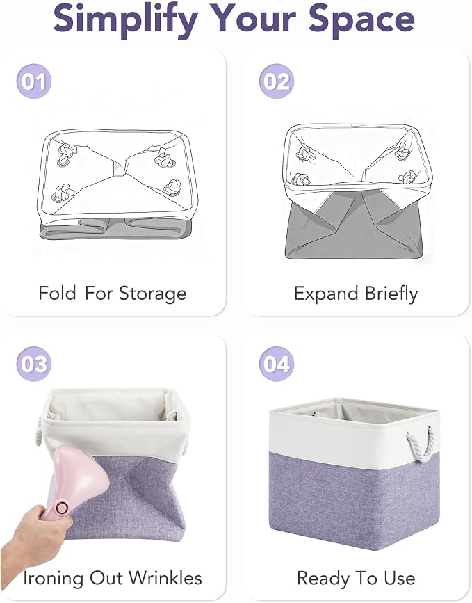 13x15x13 Inch Large Storage Bins with Cotton Rope Handles 6-Pack | Foldable, Top support of metal frame, Bottom with Cardboard Support, Fabric Cube Storage Bins for Closet, White Purple - Image 6