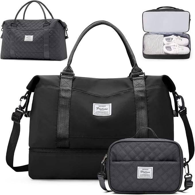 Weekender Bags for Women,Personal Item Travel Bag with Shoes Compartment | Overnight Travel Duffel Bag with Grid Travel Set,Carry-On Bag,3 Pcs Set,Extra Large by SYCNB