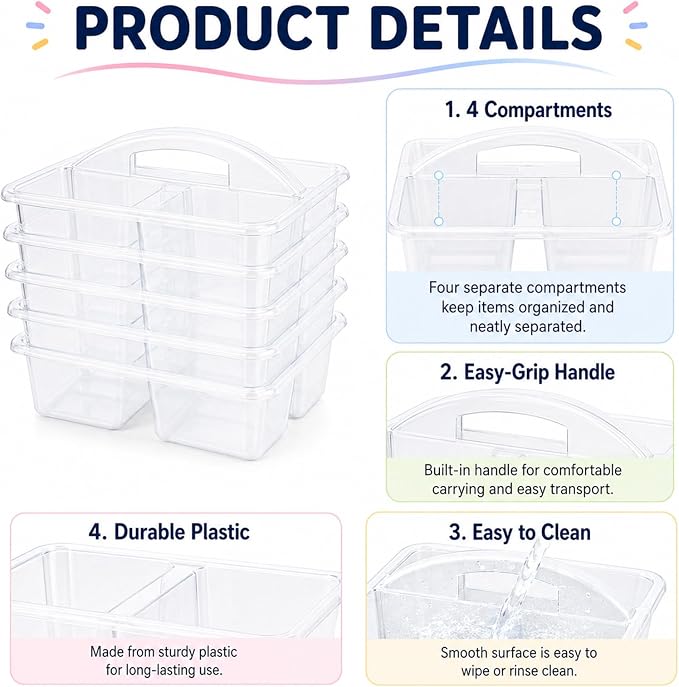 gisgfim 6 Pack Plastic Classroom Caddy with 4-Compartments Plastic Storage Caddies with Handle 4 Compartments Table Caddy Organizer Versatile Table Caddies for Classroom Office, Clear Color - Image 3