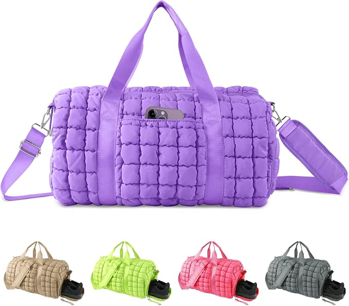 Quilted Travel Duffle Bag Gym Bag for Women,Large Puffer Duffle Weekender Bag with Compartment,Workout Overnight Carry on Organizer Bag Duffle Bag for Airplane Travel(L-Purple) by XSUIOY