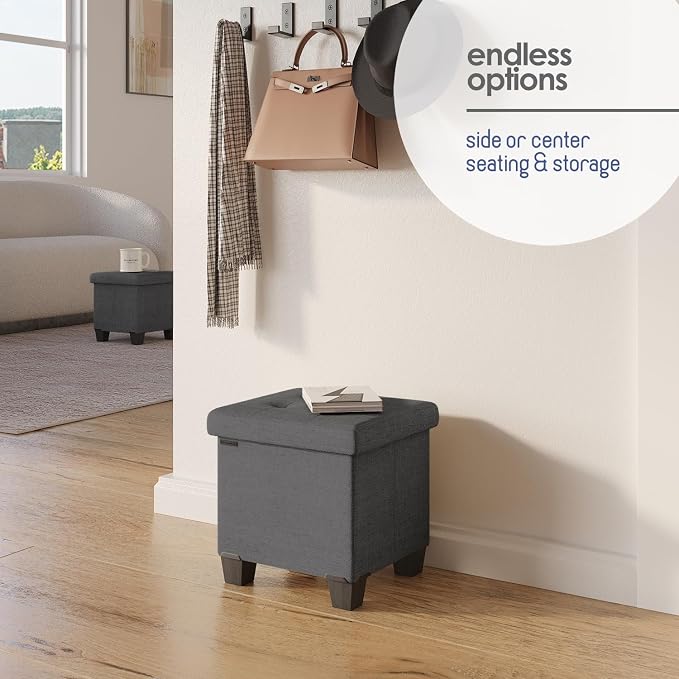 Storage Ottoman Cube with Small Bin, 15-in Square Ottoman with Storage for Living Room and Bedroom, Small Ottomans Foot Rest, Fabric Foot Stools Ottomans Max 330lbs, Grey - Image 7