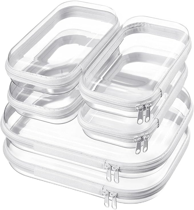 Sanwuta 6 Clear Hard Zipper Case,Clear,Two Sizes | Pencil Case Pouches ,Makeup Bag,Plastic Toiletry Diaper Bag ,Travel Toy Storage,Waterproof Organizer Bins by Sanwuta