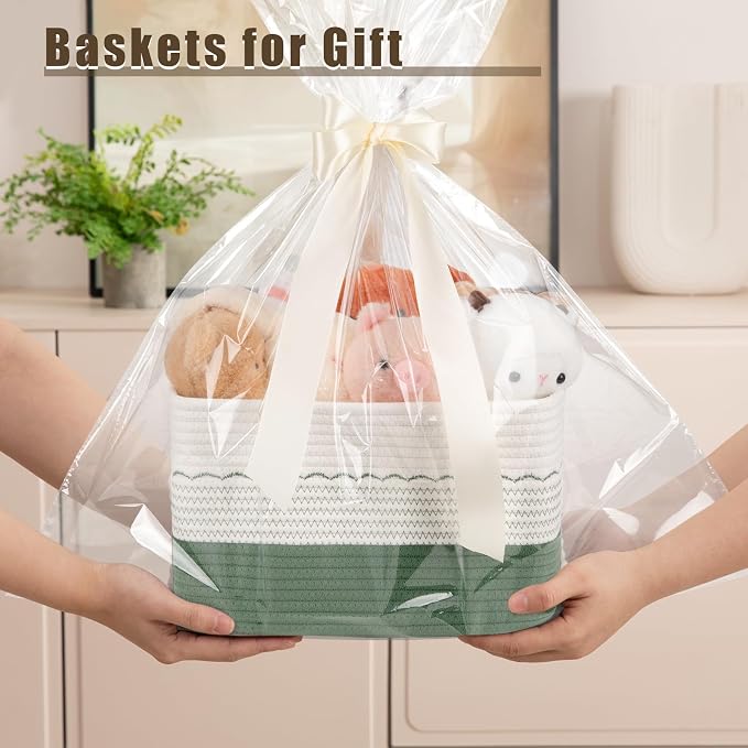 OIASKET 4 Pack Storage Baskets for Organizing, 13"X9"X7.87", Decorative Cotton Rope Baskets for Shelves, Small Woven Basket for Toys, Books and Towels, Green & White - Image 7