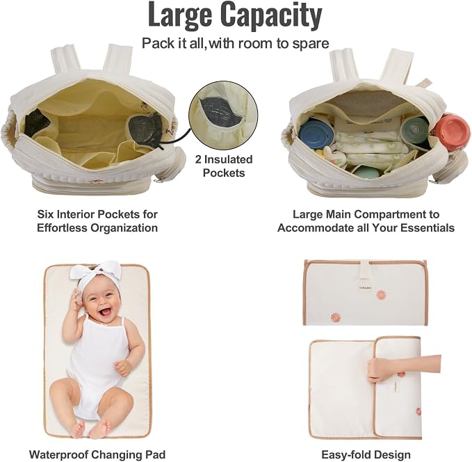 Diaper Bag Backpack with Changing Pad - Travel Baby Bag, Insulated Bottle Pockets, Stroller Straps (Medium - Beige Flowers) - Image 5