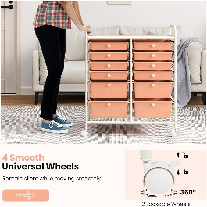 12 Drawer Rolling Storage Cart, Craft Cart Organizer on Wheels w/Metal Frame, Large Capacity & Smooth Drawer, Rolling Cart w/Drawers for Classroom, Office - Image 6