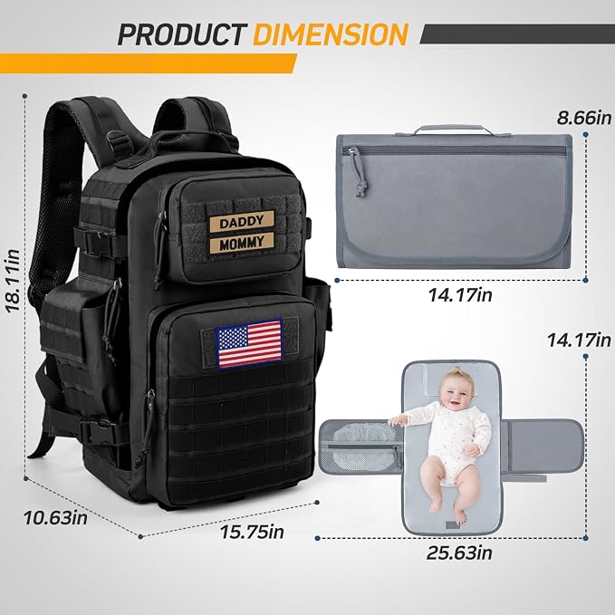 SHARKMOUTH Diaper Bag Military for Men - Large Baby Backpack with Changing Pad for Active Dad - Insulated for Outdoor Travel Camping Park Trips Black - Image 3