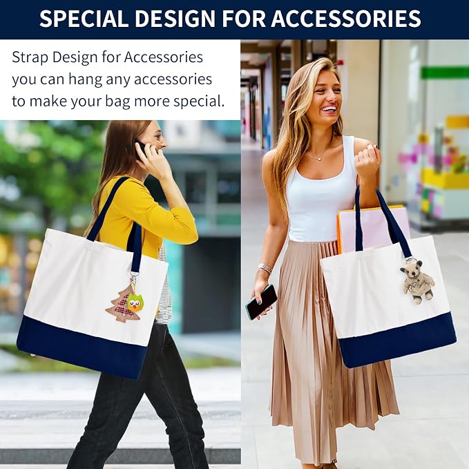 6-Pack Canvas Tote Bags with Zipper, Large Grocery Tote, Navy Blue | Reusable, washable, inner pocket, flat bottom, sturdy handle, for sublimation DIY/transfer, travel/beach/gift/Christmas craft - Image 2