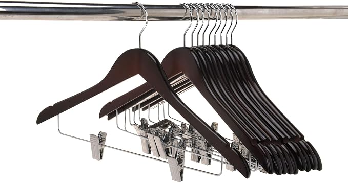 Quality Wooden Skirt Hangers with Clips Smooth Solid Wood Pants Hangers with Durable Adjustable Metal Clips, Swivel Hook, Coat, Jacket, Blouse Suit Hangers (Mahogany, 10) - Image 6