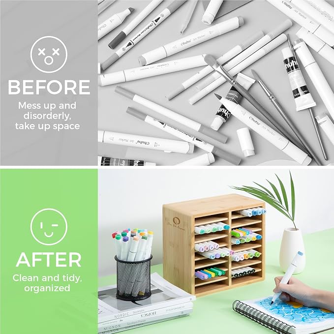 Ohuhu Bamboo Marker Organizer, Wooden Desktop Storage Holds 126 Markers | Markers Pens Pencils Art Brushes Stationary Organizer Pencil Holder with 18 Compartments for Classroom Office Decor Home - Image 6