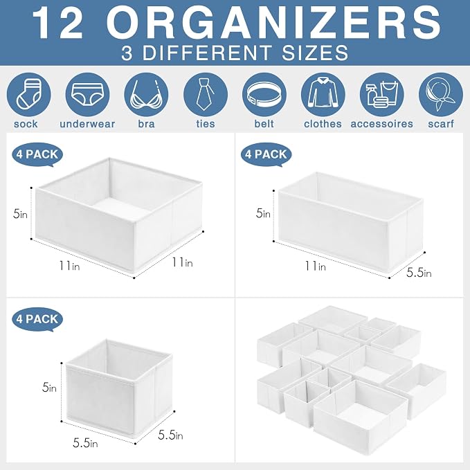 Drawer Organizer Clothes 12 Pack - Fabric Closet Organizers and Storage for Nursery Organization - Dresser Drawer Dividers for Baby Clothes/Socks/Underwear/Bras - College Dorm Room Essentials - Image 3