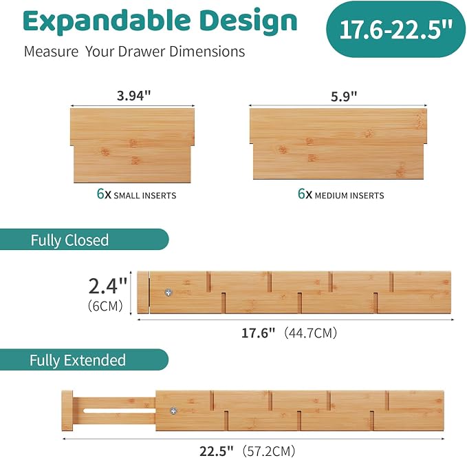 6 Pack Bamboo Drawer Dividers with Inserts, Kitchen Adjustable Drawer Organizers, Expandable Organization for Home, Dressers, 6 Dividers with 12 Inserts - Image 2