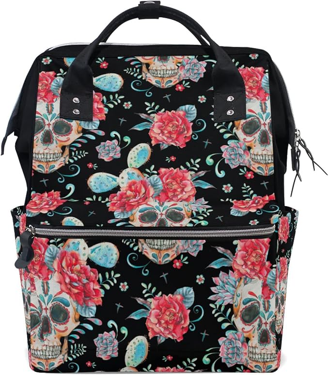 Large Capacity Baby Diaper Bag Watercolor Goth Skull Roses Durable Multi Function Travel Backpack by DERLONKAJE