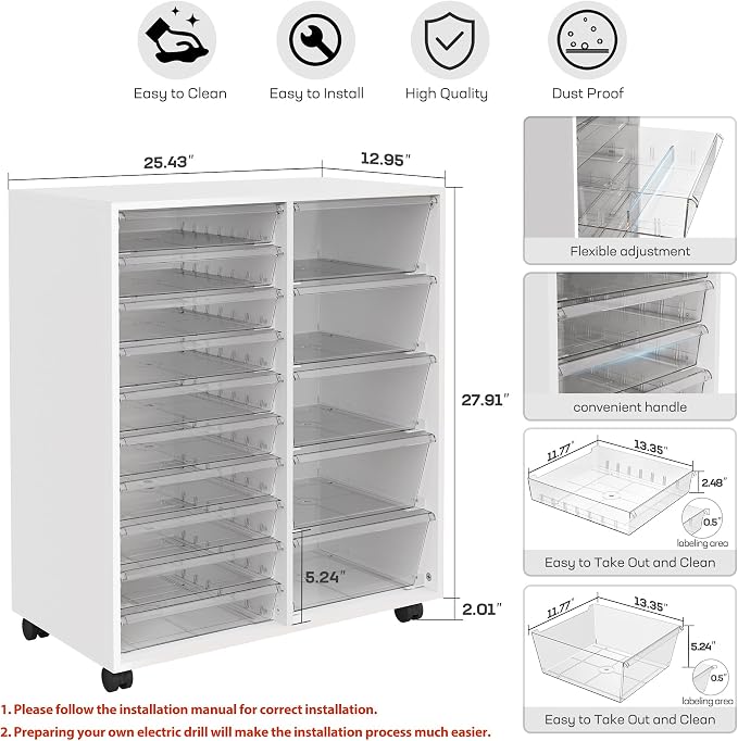 Mobile Storage Cabinet with 15 Clear Drawers, Modern White | Craft Cabinet with 5 Large Drawers, Cart with Wooden Tabletop, Printer Stand Home Office, Dresser Chest - Image 3