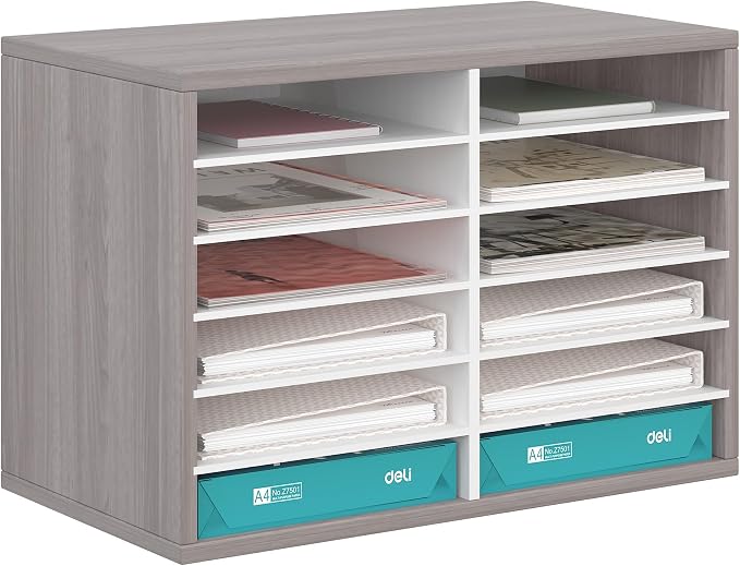 EasyPAG 12 Compartments Wooden Literature Organizer with Adjustable Shelves, 6000 Sheets Capacity Paper Organizer, Classroom Mailbox and Mail Sorter for Teachers and Office, Retro Gray/White by EasyPAG