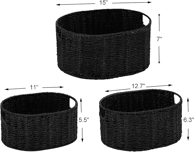 Wicker Basket, Set of 3 Round Storage Baskets for Organizing, Woven Paper Rope Wicker Storage Basket with Handles, Black Cube Storage Organizer Bins Baskets for Shelves & Decor, Black - Image 8