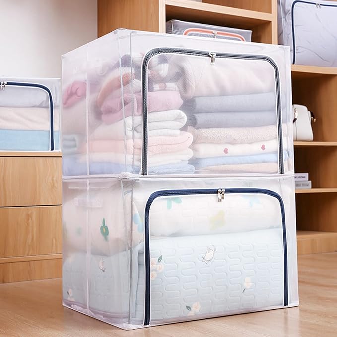 110L Large Foldable Storage Bins Organizer with Durable Handles, Metal Frame, for Clothing | Bed Sheets | Blanket | Comforters | Pillows | Toys, 3 Pack, Clear & Gray Zipper - Image 9