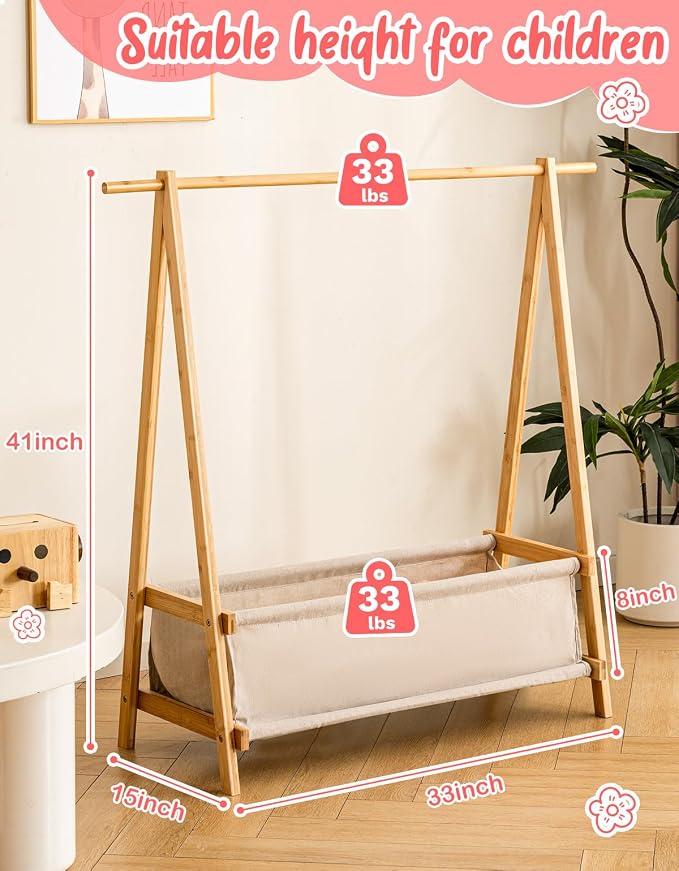 Kids Clothing Rack with Storage Box, Kids Dress Up Rack, Dance Costume Garment Rack for Hanging Clothes,Garment Rack for Hanging Clothes Organizer, Bamboo (Natural) - Image 3