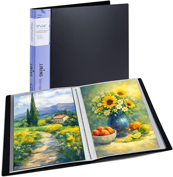 11x14 Black Art Portfolio Folder Displaying 48 Pages with Plastic Sleeves | 24-Pocket Presentation Book Binder For Artwork Storage Featuring Dark Inner Paper Inserts Protective Document Archival Holder by JJRING