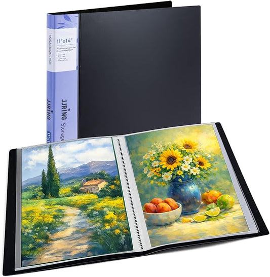 11x14 Black Art Portfolio Folder Displaying 48 Pages with Plastic Sleeves | 24-Pocket Presentation Book Binder For Artwork Storage Featuring Dark Inner Paper Inserts Protective Document Archival Holder by JJRING