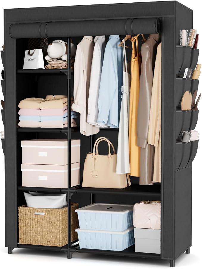 Portable Closets for Hanging Clothes, Wardrobe Closet with Hanging Rod and Clothing Storage Shelves, 8 Side Pockets, Free Standing Clothes Rack with Cover, for Bedroom and Dorm, Black by BRFOYU