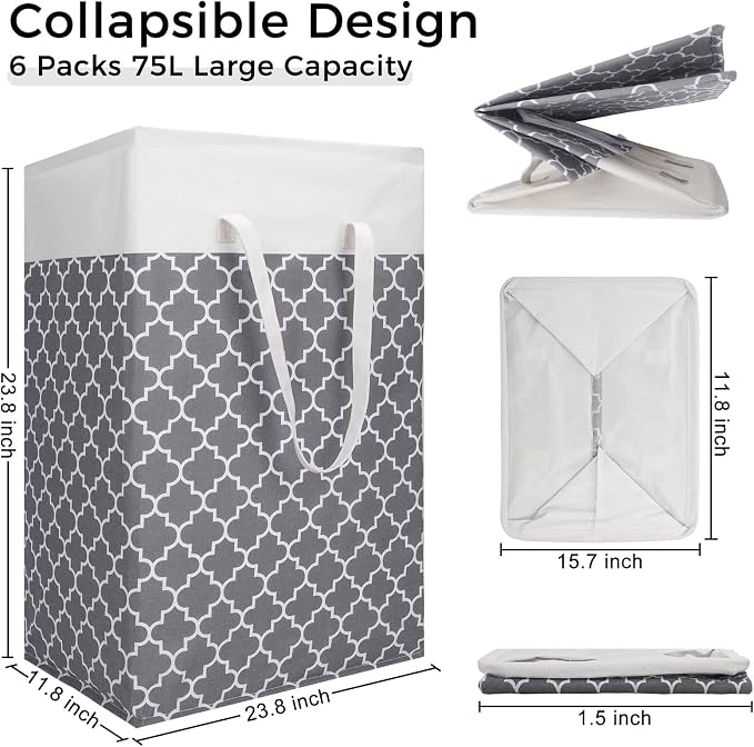 Treela 6 Pack 75l Large Laundry Baskets Collapsible Laundry Hampers with Reinforced Handles, Waterproof Freestanding Clothes Hamper Dirty Clothes Basket for Dorm Bedroom Bathroom Towels Toys(Gray) - Image 2