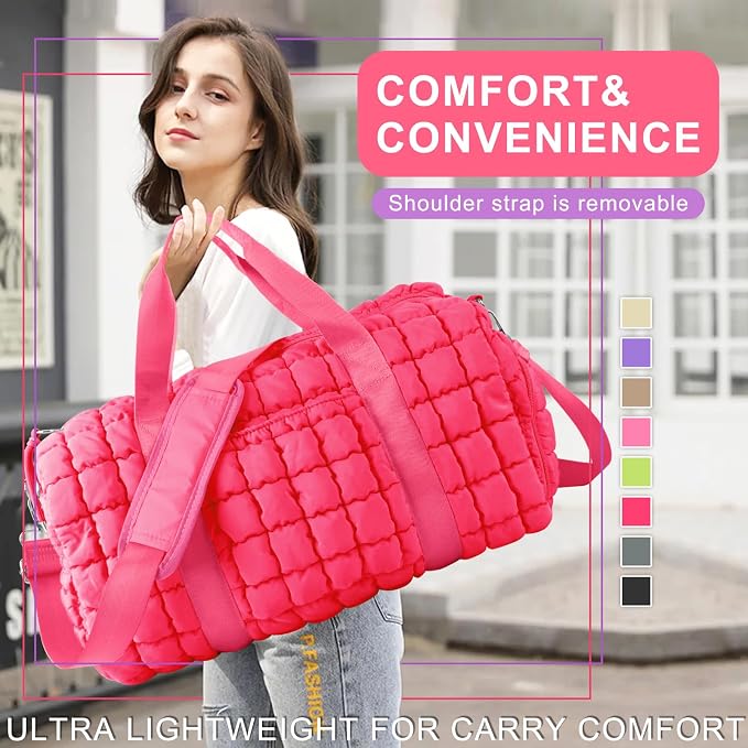 Quilted Travel Duffle Bag Gym Bag for Women,Large Puffer Duffle Weekender Bag with Compartment,Workout Overnight Carry on Organizer Bag Duffle Bag for Airplane Travel(L-Rosered) - Image 8