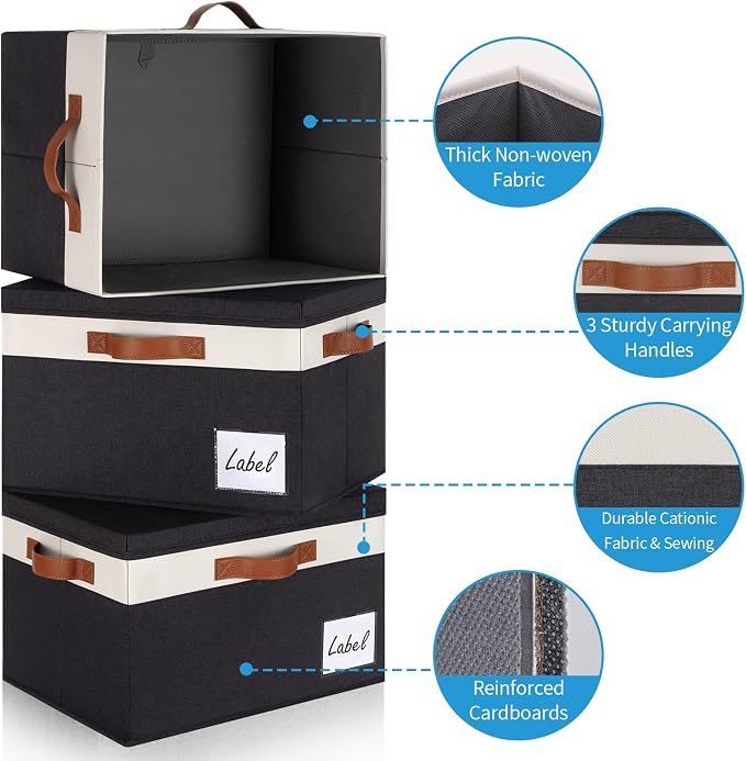 GhvyenntteS Fabric Storage Bins with Lids 6 Pack, Foldable Fabric Storage Baskets with Lid and Handles, Large Closet Organizers and Storage boxes with Label for Home Office (Black, 15" x 11" x 9.7") - Image 3