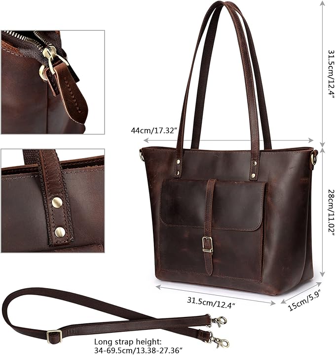 S-ZONE Women Vintage Genuine Leather Tote Bag Large Shoulder Purse Work | 14" Padded Laptop Compartment, Detachable Long Strap, Luggage Strap, Multi Pockets, Travel Everyday - Image 5