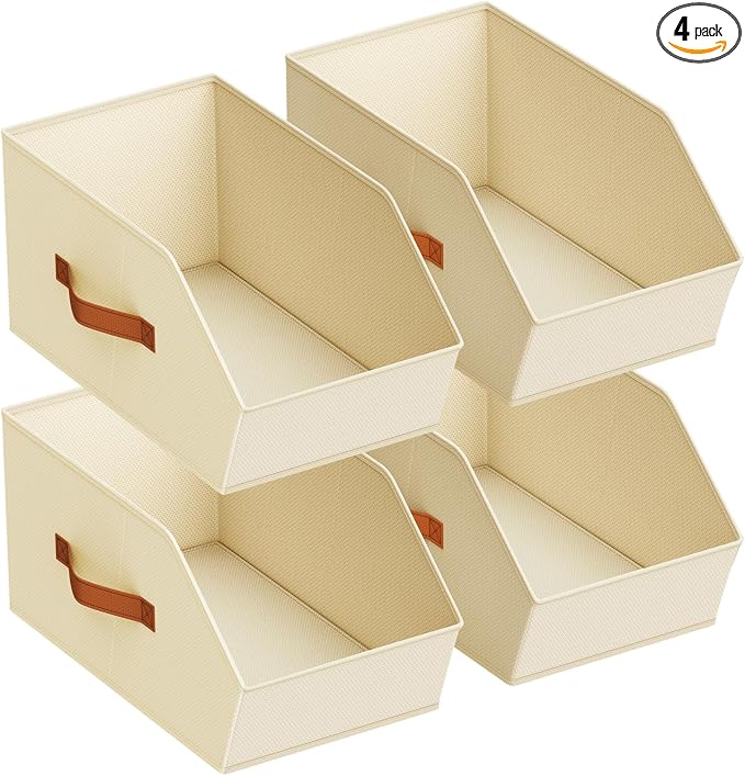Large Closet Storage Cubes - Closet Storage Bins with Dual Handles for Clothes, Towels, Toys, Shelf Organizer Bins for Bedroom, Nursery, Shelves, Small Spaces, Beige, 4 Pack by Homsorout