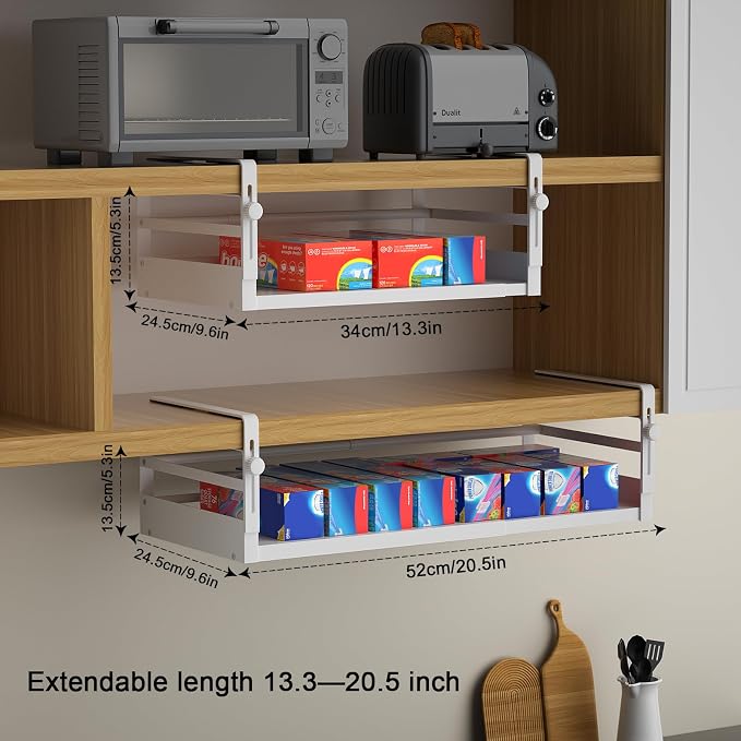 AmonHouseware 2Pack Expandable Under Shelf Storage Basket Organizer,White | Adjustable Hanging,Length Stretchable13-21Inch,Under Cabinet Shelf for Laundry Room Kitchen Pantry Desk Counter Cupboard - Image 2
