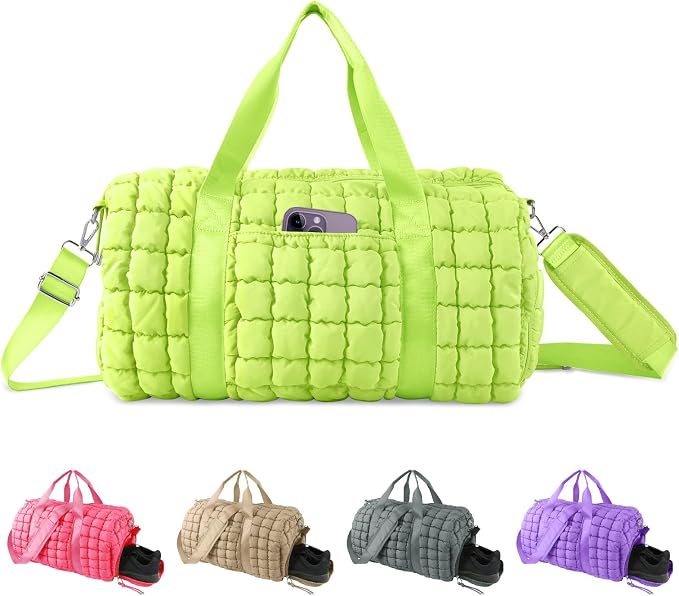 Quilted Travel Duffle Bag Gym Bag for Women,Large Puffer Duffle Weekender Bag with Compartment,Workout Overnight Carry on Organizer Bag Duffle Bag for Airplane Travel(L-Green) by XSUIOY