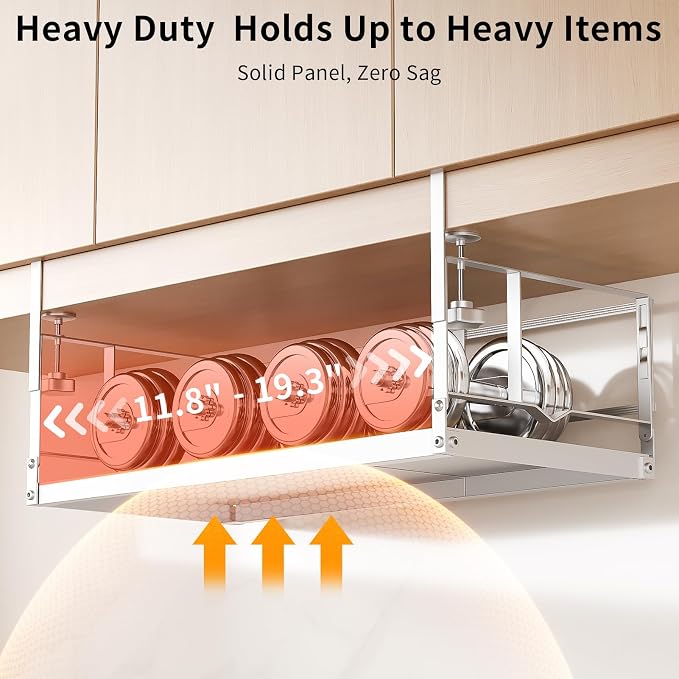 prueBox Under Shelf Storage Basket Organizer Adjustable Hanging Holder with Knob Lock, Heavy Duty Metal Panel for Pantry, Kitchen, Office, Closet, 11.8"-19.3" Wide, White, 1 Pack - Image 5