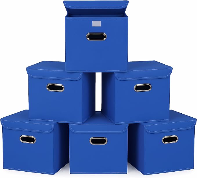 Closet Organizers Fabric Storage Bins With Lids Collapsible Cube Storage Organizer Basket With Handles,Storage Boxes for Clothes Storage,Office,Laundry,Shelves,6 Pack,（Dark Blue） by SEVENDOME