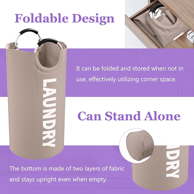 95L Folding Laundry Basket for Singles, Large Laundry Hamper with Aluminum Handles, Freestanding Dirty Clothes Basket, Sturdy Oxford Fabric Clothes Hampers for Travel, Dormitory, Khaki - Image 3