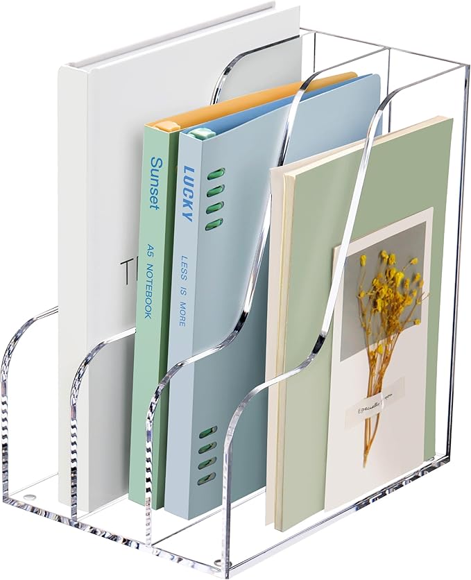 SANRUI Clear Vertical Magazine File Holder, Acrylic Desk Organizer and Storage Bins Holding for Magazines Binders, Notebooks, Envelopes A4 Folder Binder Holders Sorter, 3 Compartments by SANRUI
