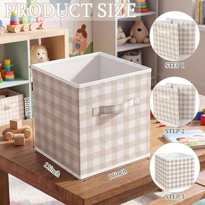 Yalikop 6 Pcs Beige Gingham Cube Storage Bins, 11 Inch Fabric Checkered Classroom Storage Bins Organizer with Handle Preppy Collapsible Cubby Basket for Classroom Home Nursery Playroom Bedroom - Image 2