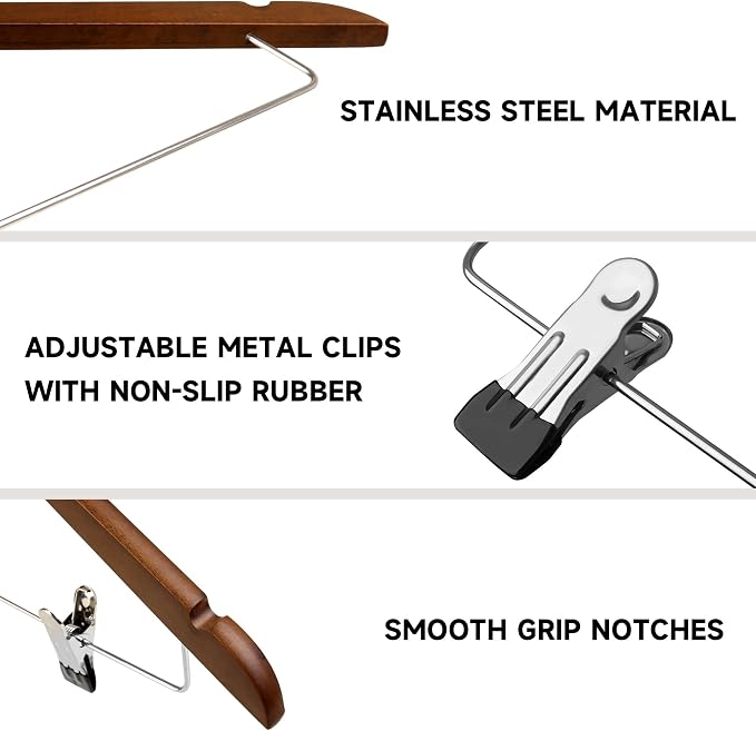 Wooden Hangers with Adjustable Metal Clips, 72-Pack, Walnut | Solid Wood Hangers with 360° Rotatable Hook for Skirt, Dress, Coats, Jacket and Pants, Space-Saving and Non-Slip Design - Image 4